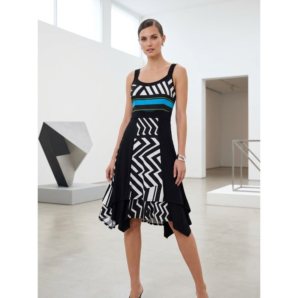 Joseph Ribkoff Geometric Chevron Handkerchief Hem Dress Black White Blue Size 10
